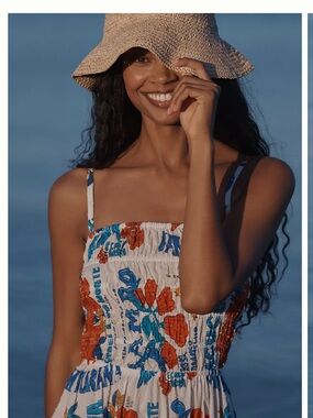 FARM RIO X Anthropologie White and Blue Cotton Floral Smocked Sundress size M